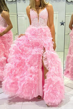 Load image into Gallery viewer, Gorgeous A Line Spaghetti Straps Pink Corset Prom Dress with 3D Flowers