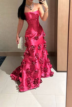Load image into Gallery viewer, Charming A Line Strapless Red Long Party Dress with 3D Flowers