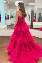 Load image into Gallery viewer, Princess A Line Sweetheart Fuchsia Corset Prom Dress with Appliques Ruffles