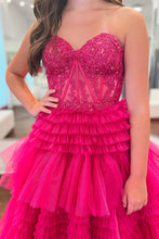 Load image into Gallery viewer, Princess A Line Sweetheart Fuchsia Corset Prom Dress with Appliques Ruffles
