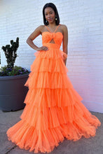 Load image into Gallery viewer, Stylish A Line Halter Neck Orange Long Prom Dress with Ruffles