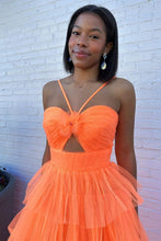 Load image into Gallery viewer, Stylish A Line Halter Neck Orange Long Prom Dress with Ruffles