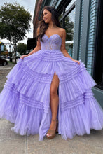 Load image into Gallery viewer, Princess A Line Sweetheart Fuchsia Corset Prom Dress with Appliques Ruffles