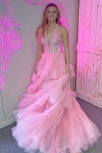 Load image into Gallery viewer, Lavender Glitter A-Line Halter Neck Open Back Long Ruffle Tulle Prom Dress