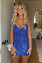 Load image into Gallery viewer, Fashionable Sheath Spaghetti Straps Light Blue Sequins Short Homecoming Dress