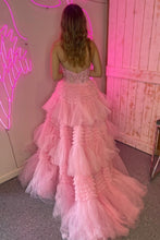 Load image into Gallery viewer, Lavender Glitter A-Line Halter Neck Open Back Long Ruffle Tulle Prom Dress