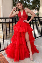 Load image into Gallery viewer, Lavender Glitter A-Line Halter Neck Open Back Long Ruffle Tulle Prom Dress