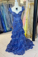 Load image into Gallery viewer, Sparkly Off The Shoulder Long Mermaid Prom Dress With Appliques And Split