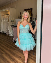 Load image into Gallery viewer, Gorgeous A Line Spaghetti Straps Blue Short Homecoming Dress with Appliques