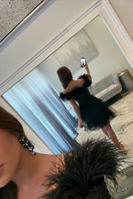 Load image into Gallery viewer, Elegant A Line Off the Shoulder Black Short Homecoming Dress with Feather