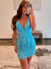 Load image into Gallery viewer, Sparkly Sheath Spaghetti Straps Orange Sequins Short Homecoming Dress with Tassel