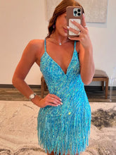 Load image into Gallery viewer, Sparkly Sheath Spaghetti Straps Orange Sequins Short Homecoming Dress with Tassel