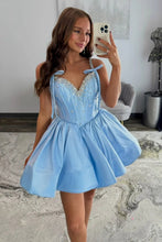 Load image into Gallery viewer, Unique Design A Line Spaghetti Straps Blue Short Homecoming Dress with Beading