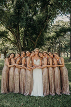 Load image into Gallery viewer, Bling Mermaid Round Neck Champagne Sequins Long Bridesmaid Dress