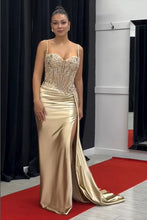 Load image into Gallery viewer, Stunning Mermaid Spaghetti Straps Long Glitter Prom Dress with High Slit