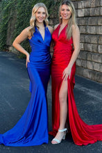 Load image into Gallery viewer, Charming Mermaid V Neck Red/Royal Blue Long Prom Dress with Open Back