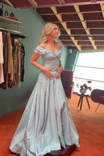 Load image into Gallery viewer, Retro Style A Line Off the Shoulder Grey Blue Long Party Dress with Ruffles