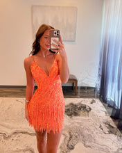 Load image into Gallery viewer, Sparkly Sheath Spaghetti Straps Orange Sequins Short Homecoming Dress with Tassel