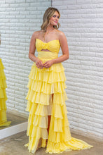 Load image into Gallery viewer, Cute Royal Blue A-Line Strapless Long Tiered Prom Dress with Slit