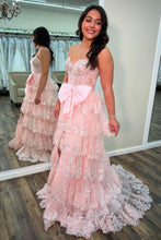 Load image into Gallery viewer, Sparkly Pink A-Line Sweetheart Long Tiered Sequin Prom Dress with Slit