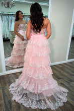 Load image into Gallery viewer, Sparkly Pink A-Line Sweetheart Long Tiered Sequin Prom Dress with Slit