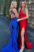 Load image into Gallery viewer, Charming Mermaid V Neck Red/Royal Blue Long Prom Dress with Open Back