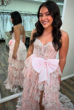 Load image into Gallery viewer, Sparkly Pink A-Line Sweetheart Long Tiered Sequin Prom Dress with Slit
