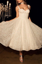 Load image into Gallery viewer, Bling A Line Sweetheart Ivory Sequins Tea Length Bridal Dress with Criss Cross Back