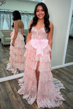 Load image into Gallery viewer, Sparkly Pink A-Line Sweetheart Long Tiered Sequin Prom Dress with Slit