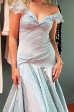 Load image into Gallery viewer, Retro Style A Line Off the Shoulder Grey Blue Long Party Dress with Ruffles