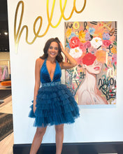 Load image into Gallery viewer, Stylish A Line Halter Neck Blue Short Homecoming Dress with Beading Ruffles