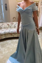 Load image into Gallery viewer, Retro Style A Line Off the Shoulder Grey Blue Long Party Dress with Ruffles
