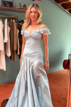 Load image into Gallery viewer, Retro Style A Line Off the Shoulder Grey Blue Long Party Dress with Ruffles