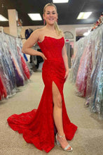 Load image into Gallery viewer, Romantic Lavender Mermaid Strapless Long Lace Prom Dress With Slit
