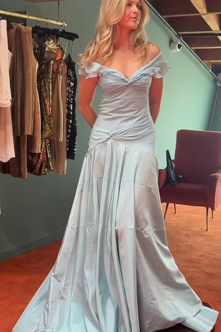 Retro Style A Line Off the Shoulder Grey Blue Long Party Dress with Ruffles