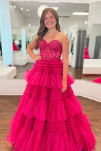 Load image into Gallery viewer, Princess A Line Sweetheart Fuchsia Corset Prom Dress with Appliques Ruffles