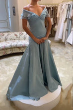 Load image into Gallery viewer, Retro Style A Line Off the Shoulder Grey Blue Long Party Dress with Ruffles