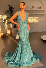 Load image into Gallery viewer, Sparkly Mermaid Deep V Neck Orange Sequins Long Prom Dress with Backless