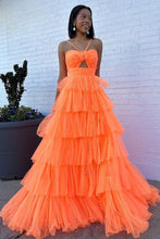 Load image into Gallery viewer, Stylish A Line Halter Neck Orange Long Prom Dress with Ruffles