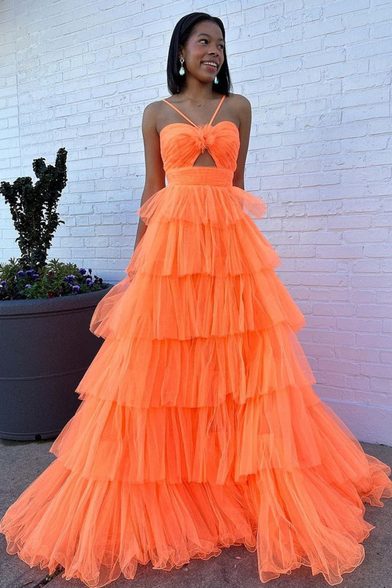 Luuvis Orange Long Prom Dress Stylish A Line Halter Neck Evening Dress
