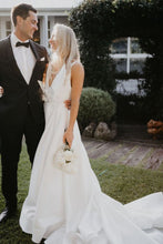 Load image into Gallery viewer, Hot A Line Deep V Neck White Wedding Dress with Bowknot