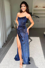 Load image into Gallery viewer, Sparkly A Line Strapless Navy Sequins Long Prom Dress with Split Front