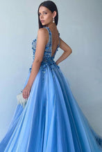 Load image into Gallery viewer, Gorgeous A Line Deep V Neck Blue Long Prom Dress with Appliques
