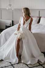 Load image into Gallery viewer, Hot A Line Deep V Neck White Wedding Dress with Bowknot