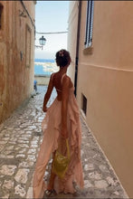 Load image into Gallery viewer, Chic A Line Halter Neck Pink Long Prom Dress with Ruffles