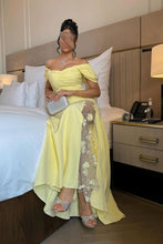 Load image into Gallery viewer, Elegant Mermaid Off the Shoulder Yellow Party Dress with Split Front