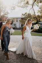 Load image into Gallery viewer, Hot A Line Deep V Neck White Wedding Dress with Bowknot