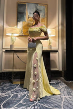 Load image into Gallery viewer, Elegant Mermaid Off the Shoulder Yellow Party Dress with Split Front