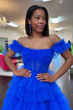 Load image into Gallery viewer, Charming A Line Off the Shoulder Red Corset Prom Dress with Ruffles