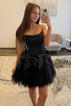 Load image into Gallery viewer, Stunning A Line Strapless Black Corset Homecoming Dress with Bowknot